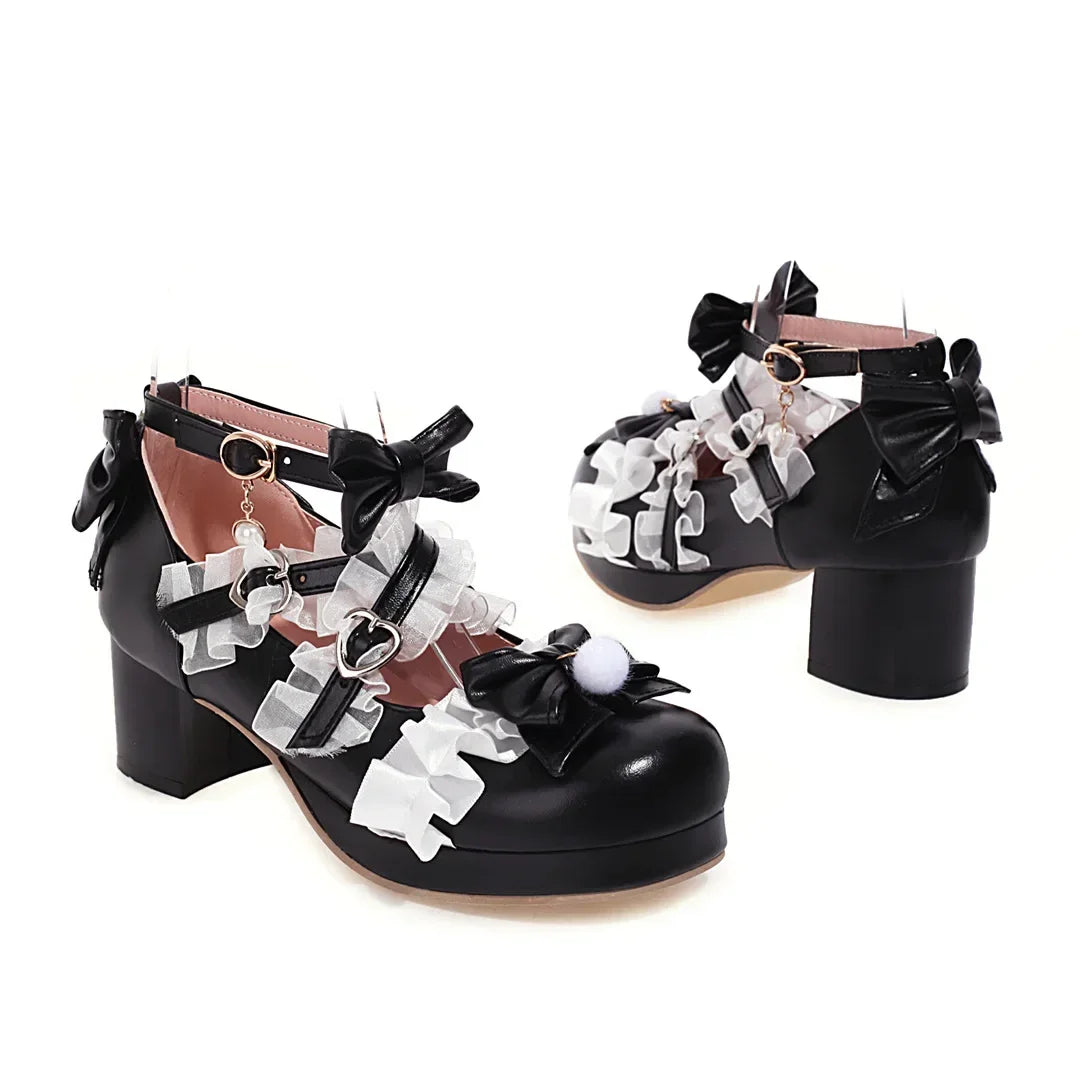 34-43 Cross Strap White Pink Ruffles Bow Maid Princess Lolita Shoes