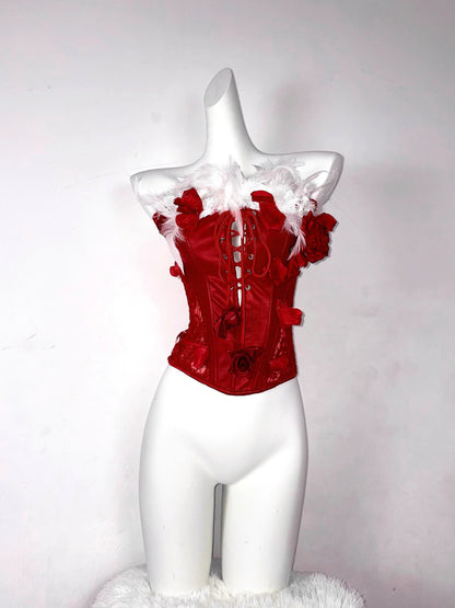 Red Rose Gothic Lace-Up Drawstring Feather Corset Bustier Top Dress