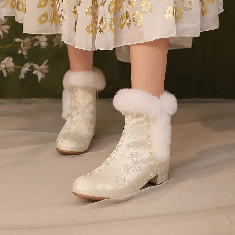 31-43 Zipper Flower Beads Rabbit Fur Round Toe Block Heels