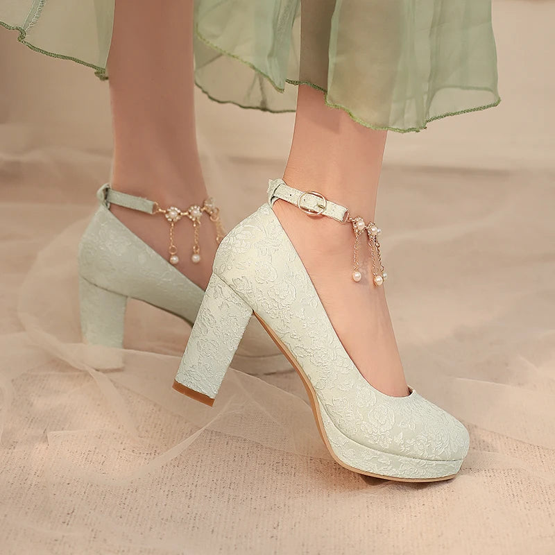 34-46 Elegant Cheongsam Round Toe Pearl One-piece High Heels