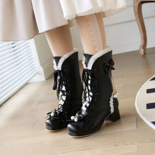 31-48 Wedding Party Shoes Cross Tied Bow High Heel Boots