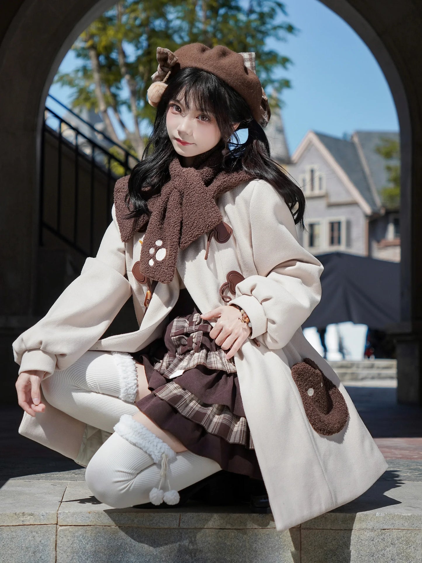 College Style Sweet Horn Buckle Overcoat Jk Uniform Lolita Wool Coat Y2k Skirts