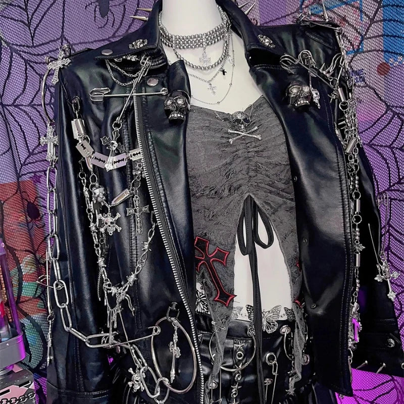 Black Punk Jacket Turn-down Collar Chain Rivet PU Leather Coat