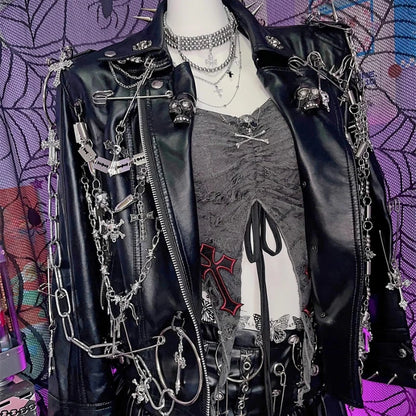 Black Punk Jacket Turn-down Collar Chain Rivet PU Leather Coat