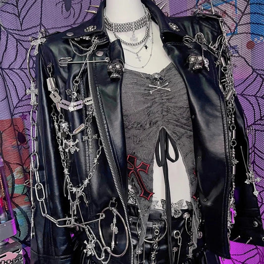 Black Punk Jacket Turn-down Collar Chain Rivet PU Leather Coat