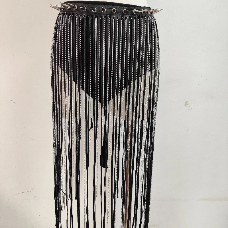 Punk Rivet Chain Corset Leather Vest Gothic Dark Tassel Skirt