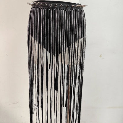 Punk Rivet Chain Corset Leather Vest Gothic Dark Tassel Skirt