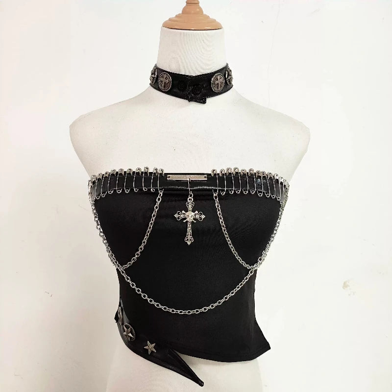 Punk Leather Rivet Single Shoulder Sleeve Coat Bead Chain Off-Shoulder Tube Top