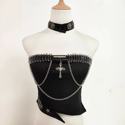 Punk Leather Rivet Single Shoulder Sleeve Coat Bead Chain Off-Shoulder Tube Top
