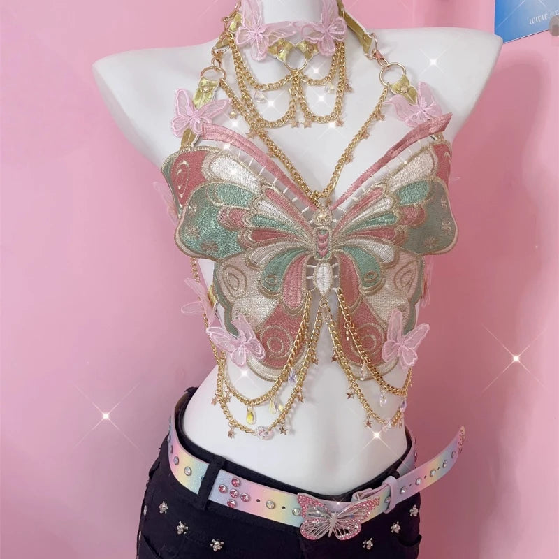 Embroidered Butterfly Metal Chain Vest