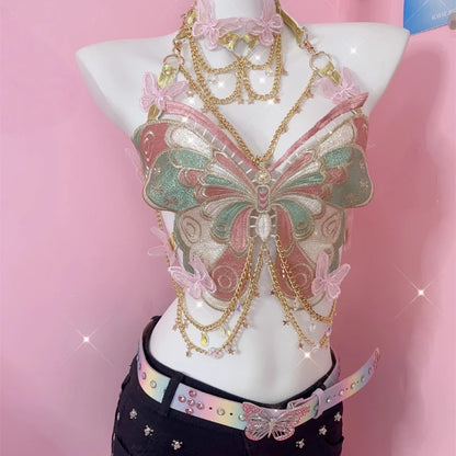 Embroidered Butterfly Metal Chain Vest