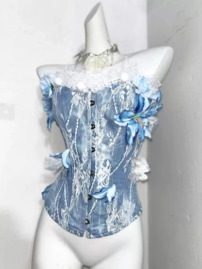 Blue Fairycore Butterfly Florals Patch Fishbone Ball Gown Mesh Gothic Dresses