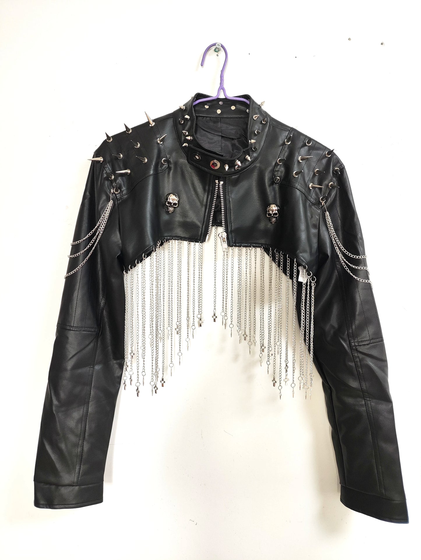 Punk Rivet Chain Tassel PU Leather Black Short Coat