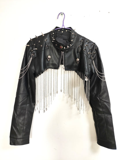 Punk Rivet Chain Tassel PU Leather Black Short Coat