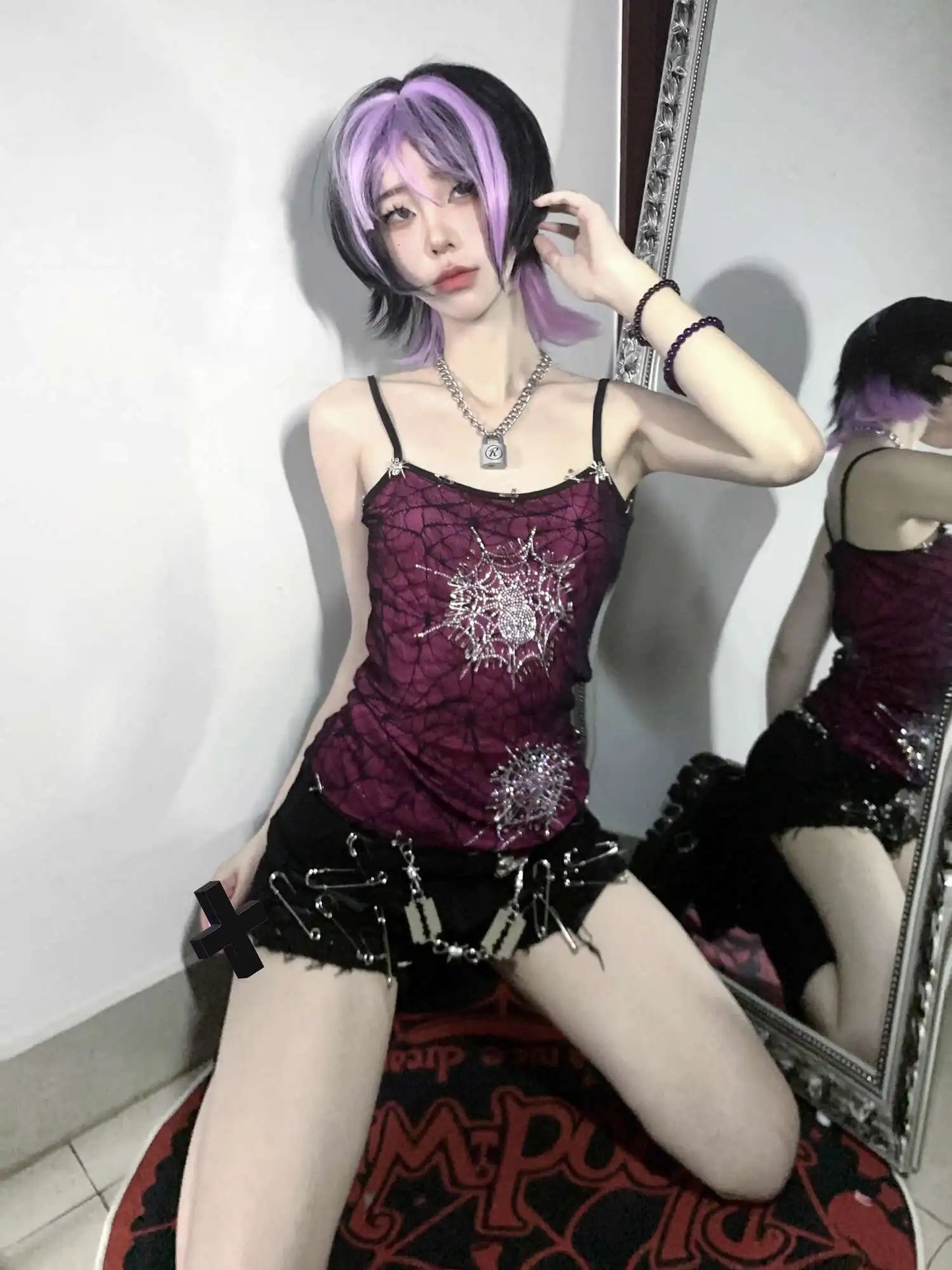 Dark Full Diamond Spider Web Barbie Purple Elastic Double Layer Strap Top