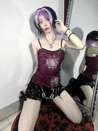 Dark Full Diamond Spider Web Barbie Purple Elastic Double Layer Strap Top