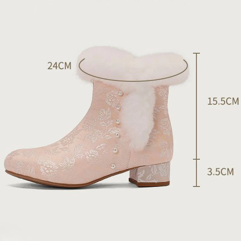 31-43 Zipper Flower Beads Rabbit Fur Round Toe Block Heels