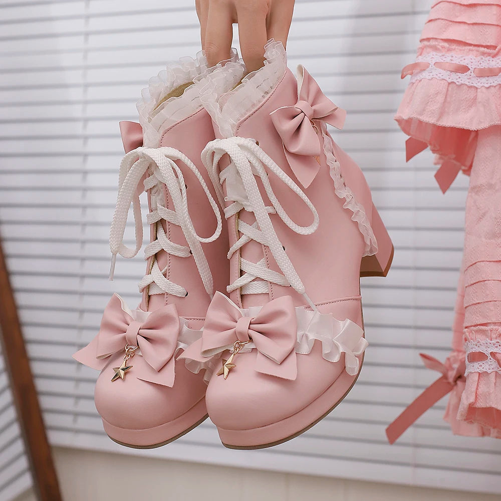 33-46 Sweet Bow Square Platform Elegant Ruffles String Lolita Shoes