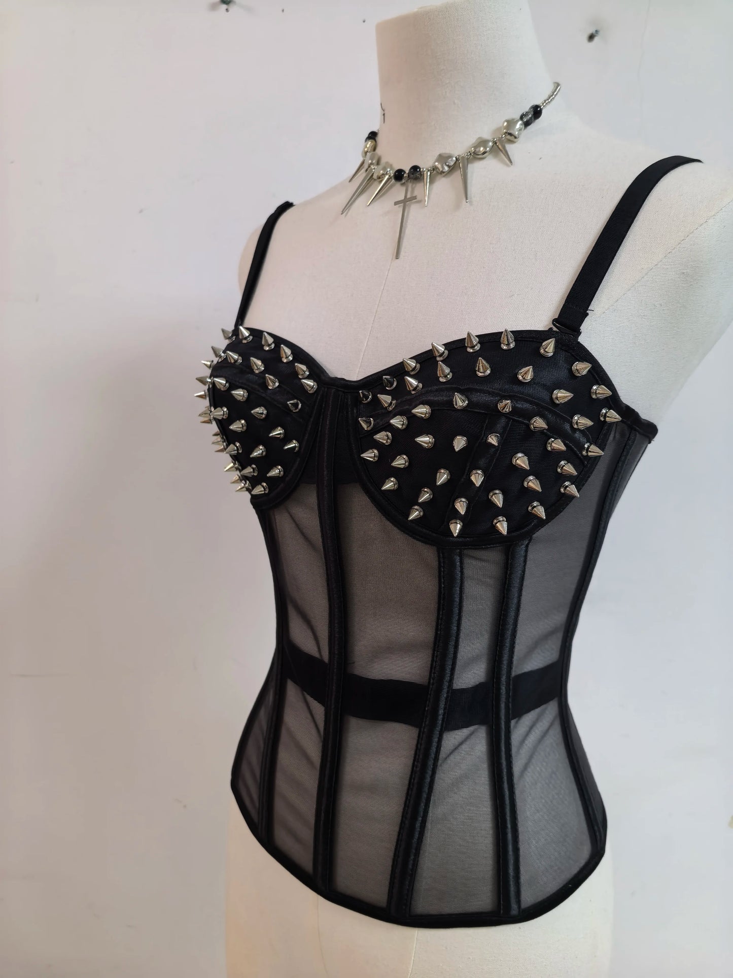 Punk Y2K Mesh See-through Fishbone Rivet Waist Cincher Corset