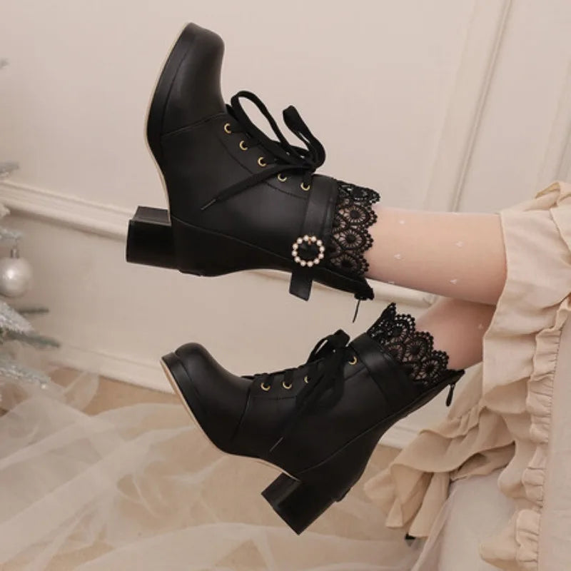 32-48 Lace Up Square Platform Ankle Boots Bow Ruffles Lolita Shoes