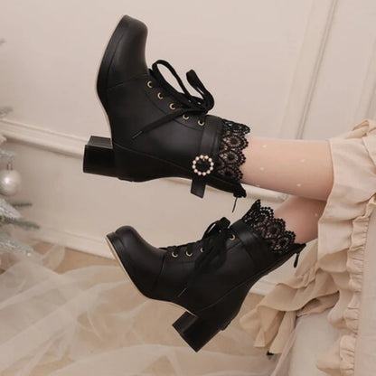32-48 Lace Up Square Platform Ankle Boots Bow Ruffles Lolita Shoes