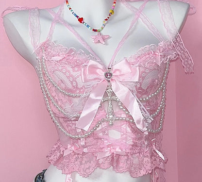 Pink Y2K Camisole Pearl Sweet Lace Sling Vest