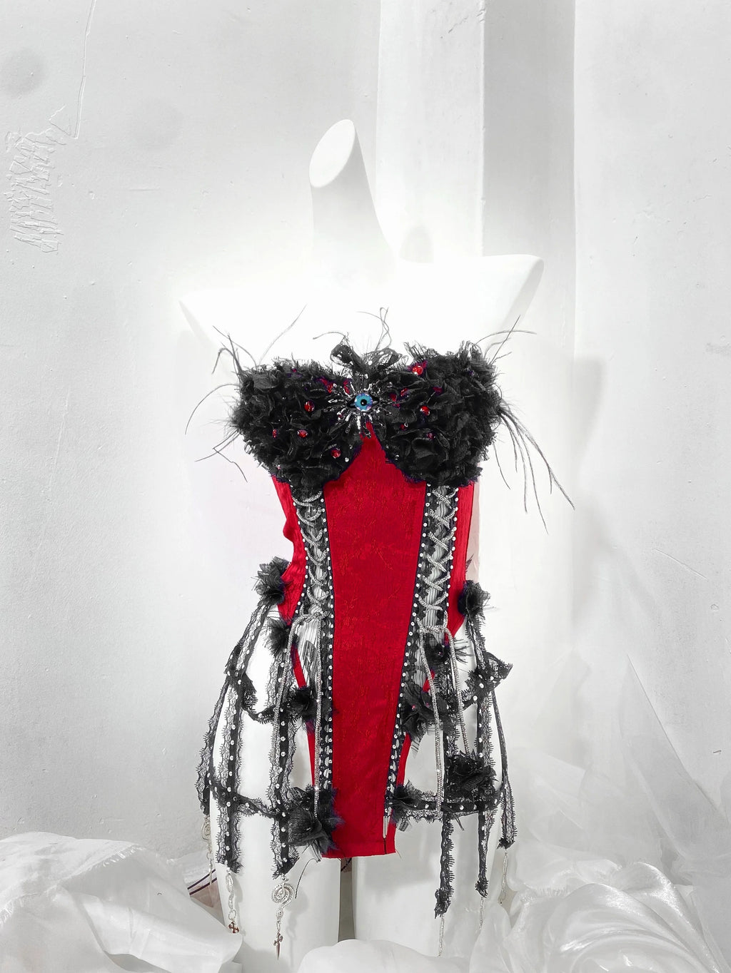 Red and Black Goth Strap Drawstring Fishbone Bra Birdcage Corset Top Trailing Skirt