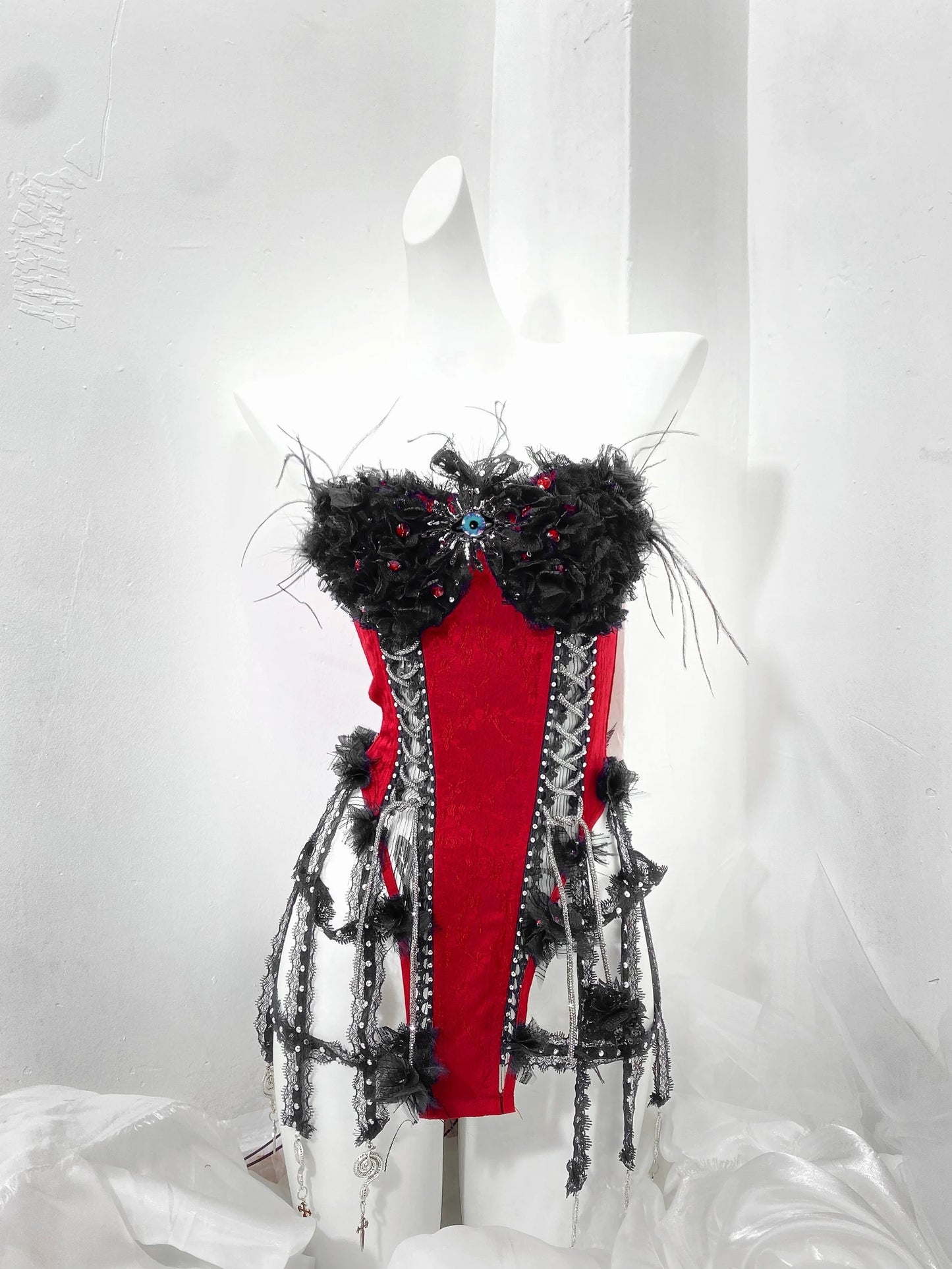 Red and Black Goth Strap Drawstring Fishbone Bra Birdcage Corset Top Trailing Skirt