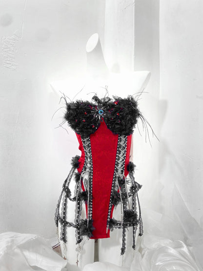 Red and Black Goth Strap Drawstring Fishbone Bra Birdcage Corset Top Trailing Skirt
