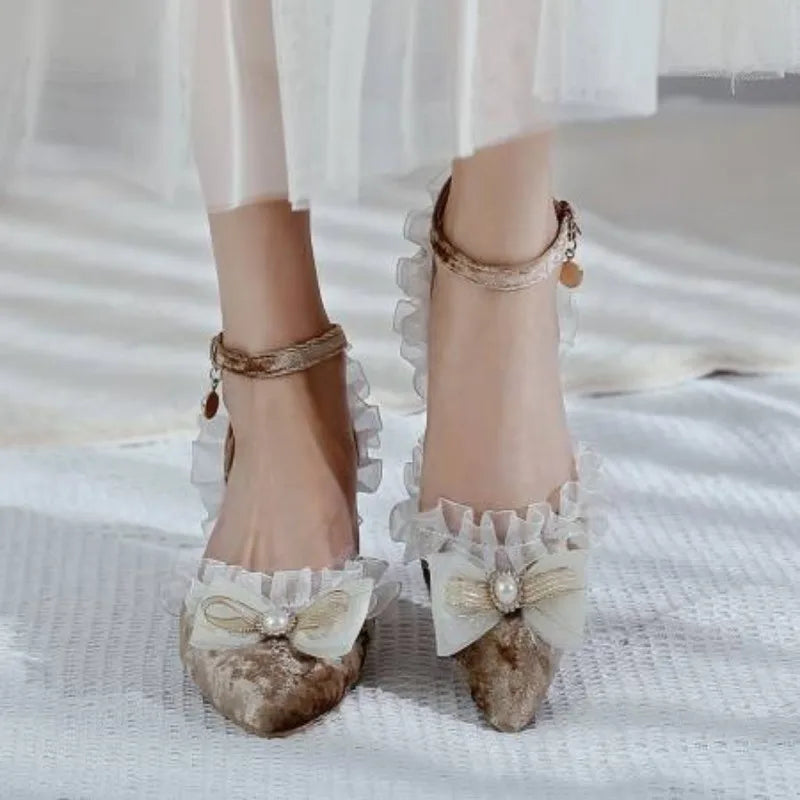 35-45 Red Metal Rhinestone Pearl Sandals Velvet Lolita Princess Shoes