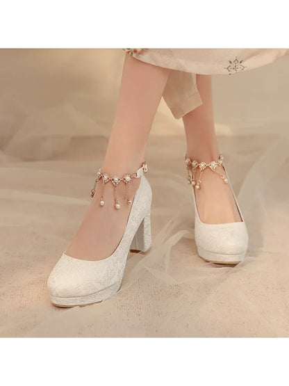 34-46 Elegant Cheongsam Round Toe Pearl One-piece High Heels