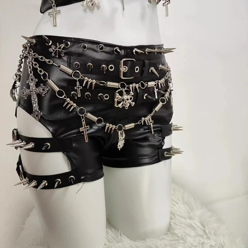Goth Rivet Chain PU Leather Pants