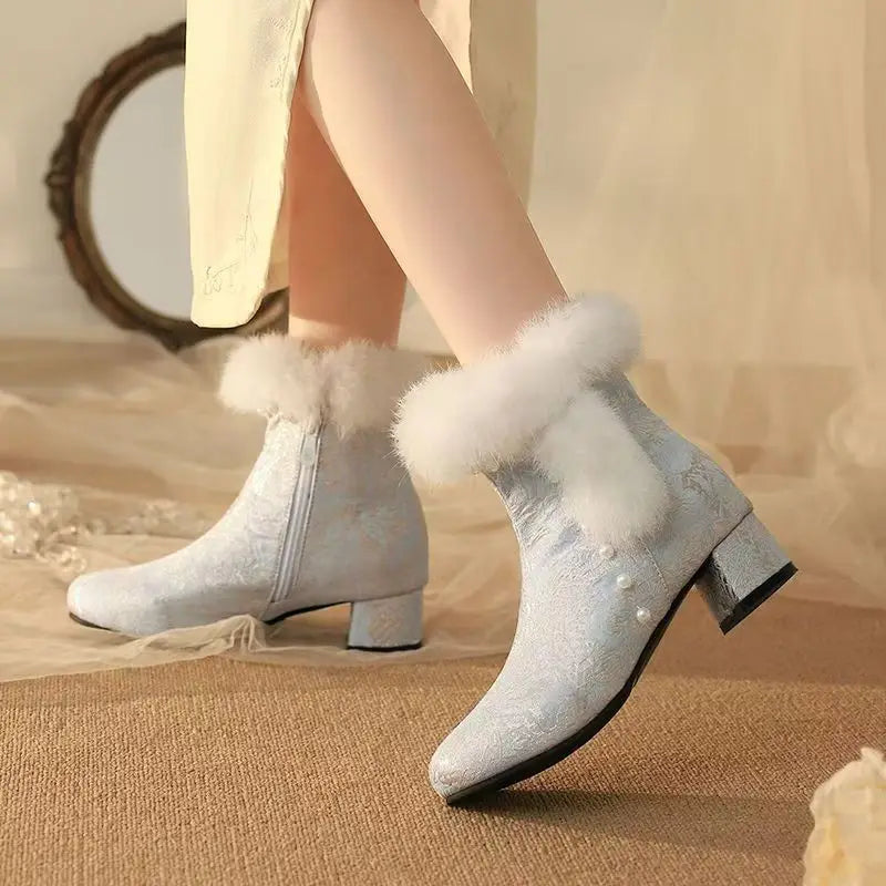 33-43 Winter Round Toe Silk Plush Warm Zippers Cheongsam Boots Skirt Boot