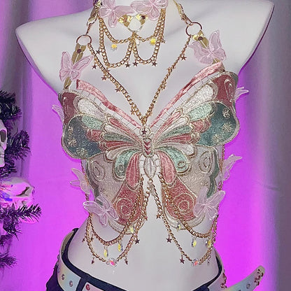 Embroidered Butterfly Metal Chain Vest