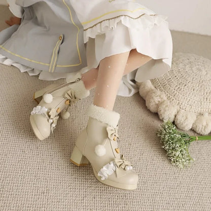 31-48 Pink Lolita Lovely Bow Knot Pompom Warm Faux Fur Boot