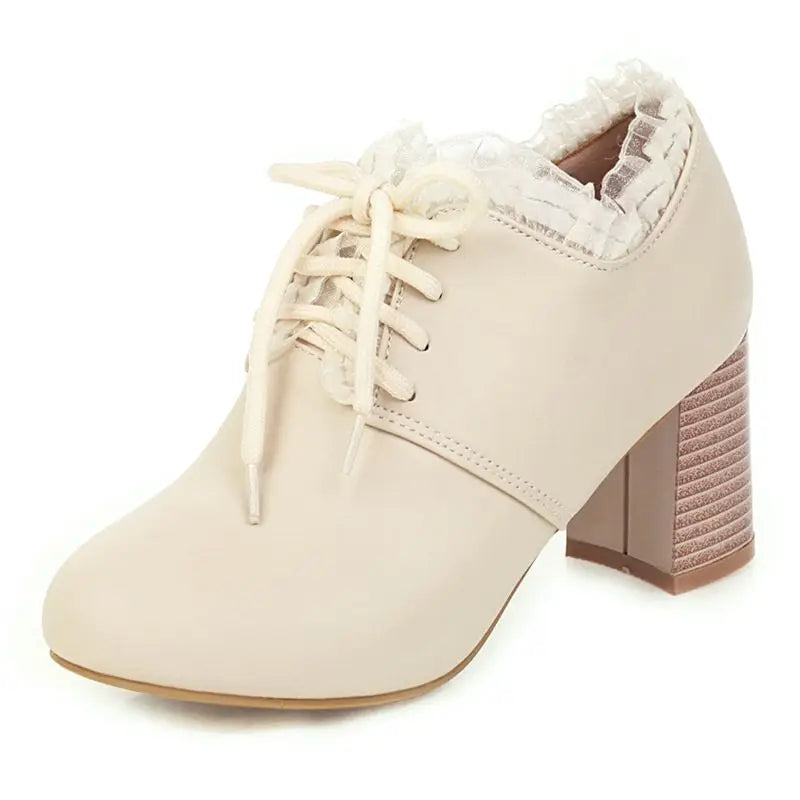 32-46 Sweet Round Toe Chunky Heel Lace-Up Soft Lolita Boots