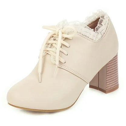 32-46 Sweet Round Toe Chunky Heel Lace-Up Soft Lolita Boots