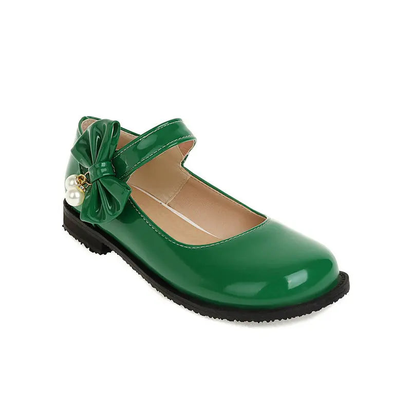 30-44 Sweet Pearl Bow Flat Heel Black Lolita Mary Jane Shoes