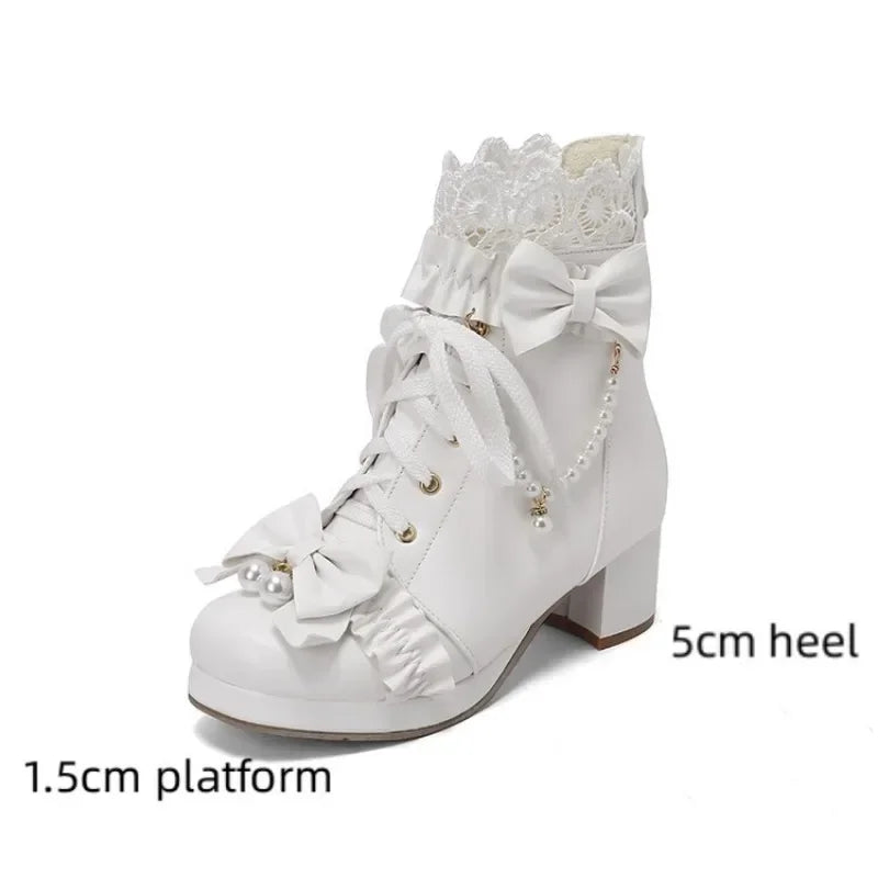 31-48 Pink String Bead Lace Pleated Bowknot Boots Shoes