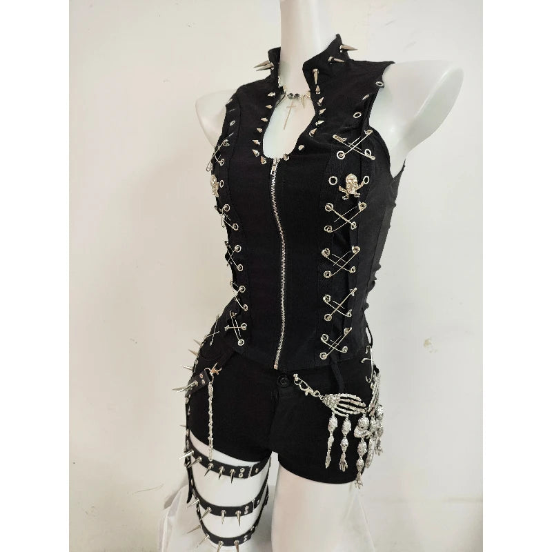 Gothic Punk Dark Y2K Rivet Vest Shorts Set