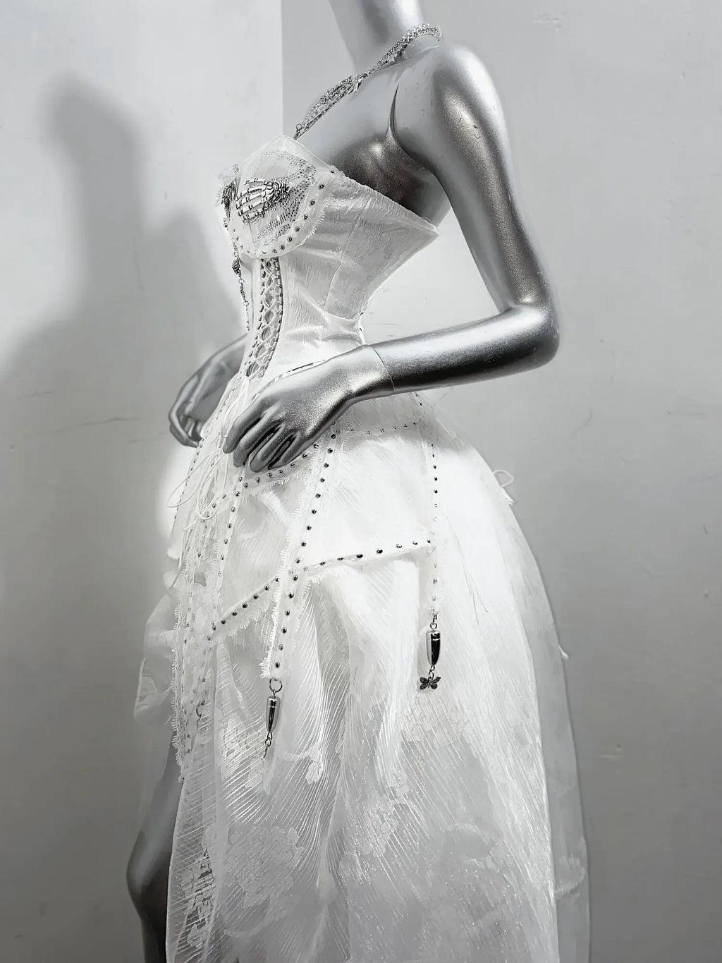 White Gothic Fishbone Split Drawstring Tied Corset Trailing Long Skirt