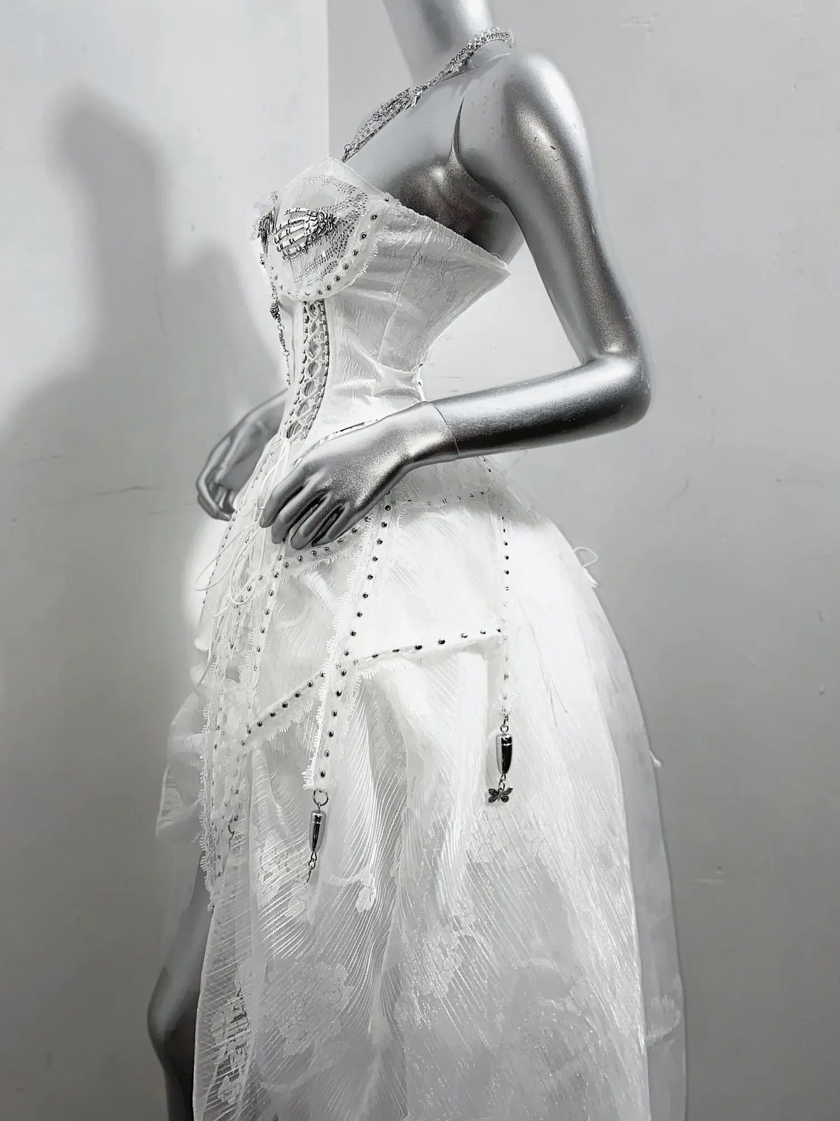 White Gothic Fishbone Split Drawstring Tied Corset Trailing Long Skirt