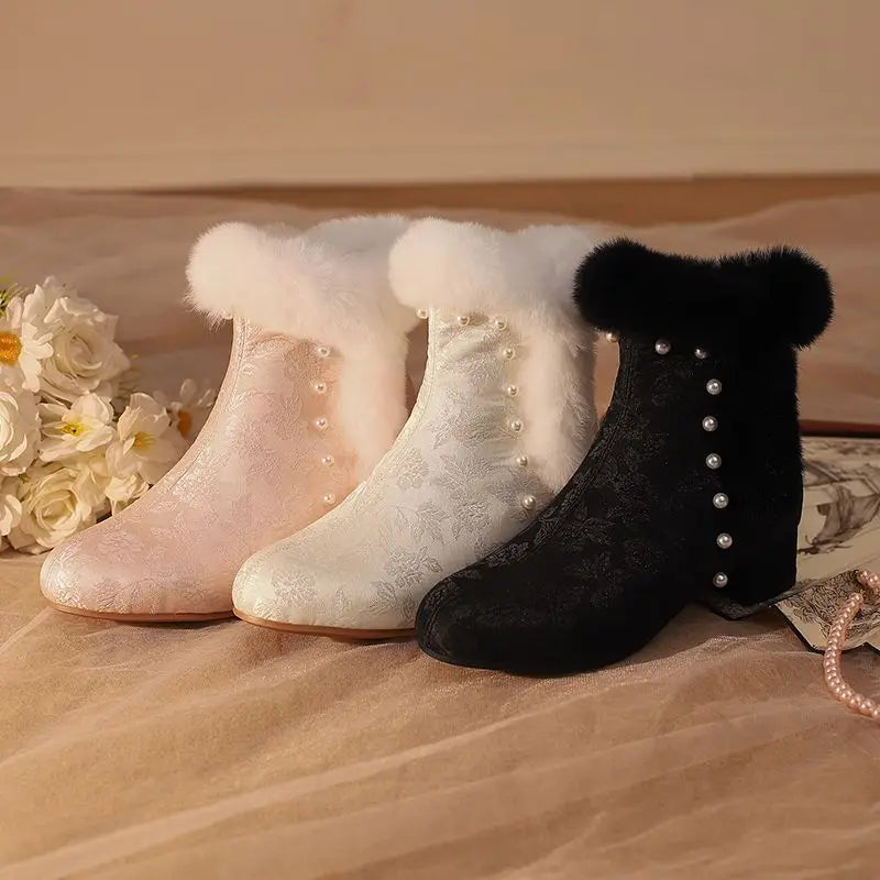 31-43 Zipper Flower Beads Rabbit Fur Round Toe Block Heels