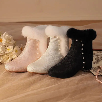 31-43 Zipper Flower Beads Rabbit Fur Round Toe Block Heels