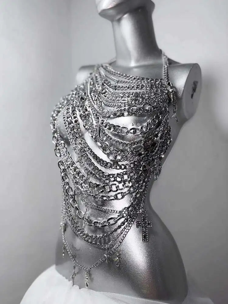 Gothic Technology Iron Chain Cross Hollow Chain Splicing Silver Set