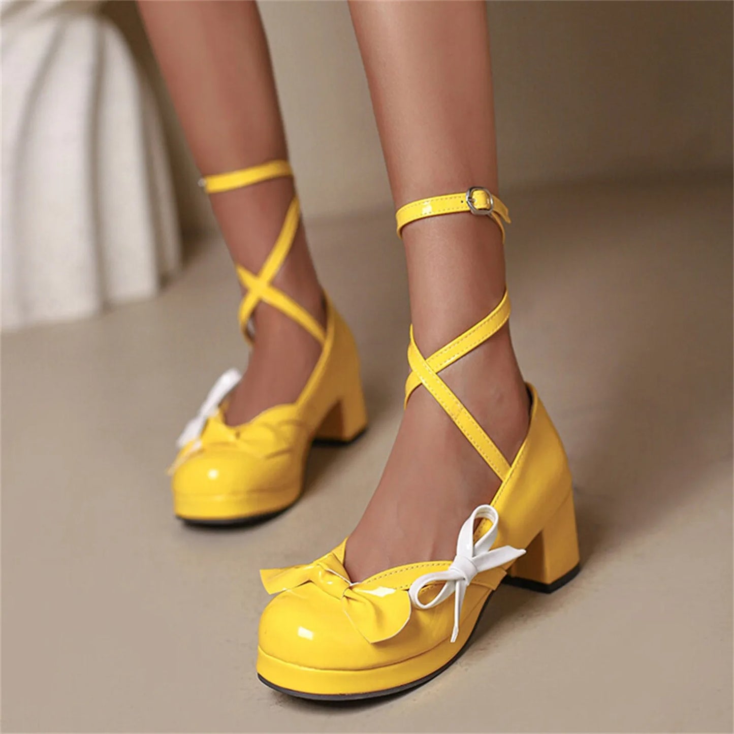 35-43 Bright Leather Sandals Lolita Bow Chunky Heel