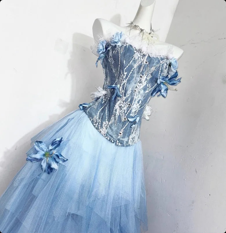 Blue Fairycore Butterfly Florals Patch Fishbone Ball Gown Mesh Gothic Dresses