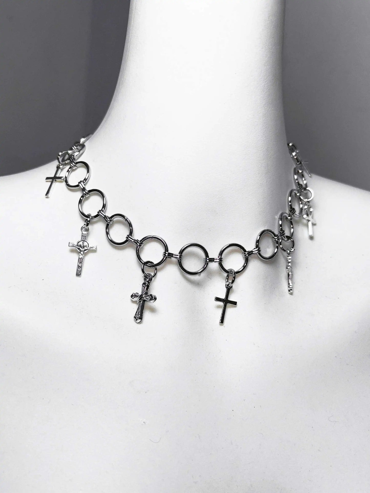 Gothic Technology Iron Chain Cross Hollow Chain Splicing Silver Set
