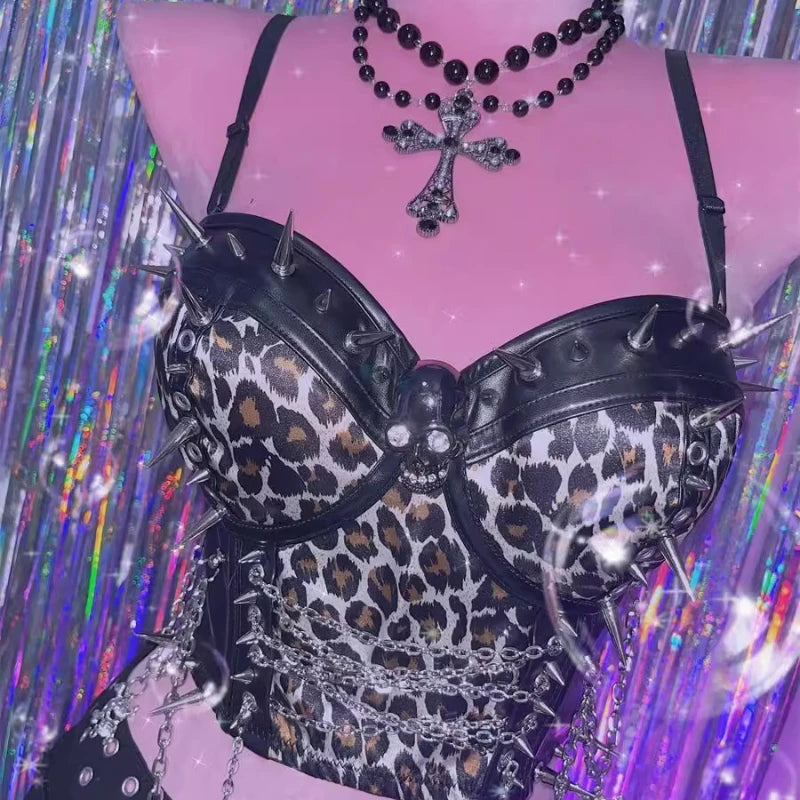 Y2K Punk Sling Leopard Print Metal Chain Vest