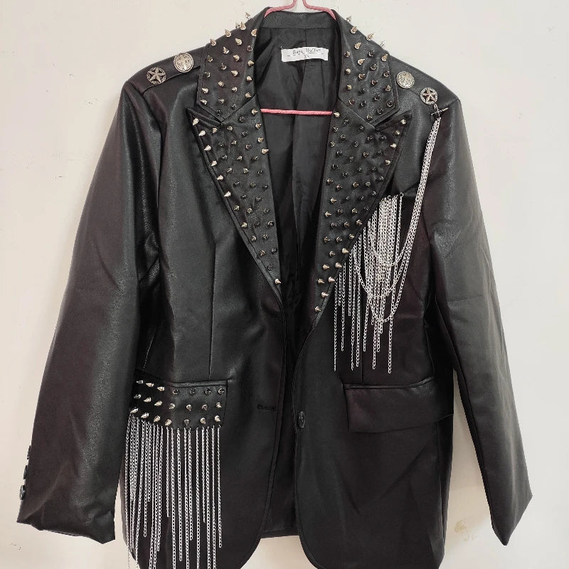 Dark Rock Punk Rivet Chain PU Coat